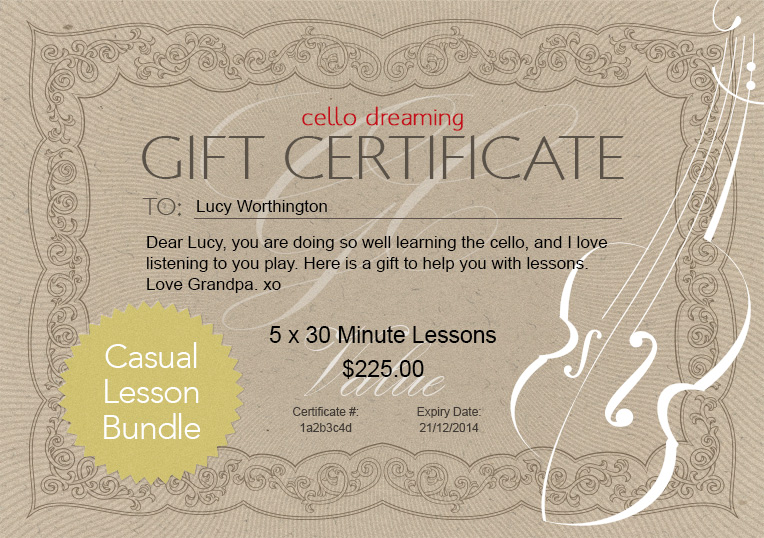Gift Certificate Casual Lesson Bundle Cello Dreaming Inspire